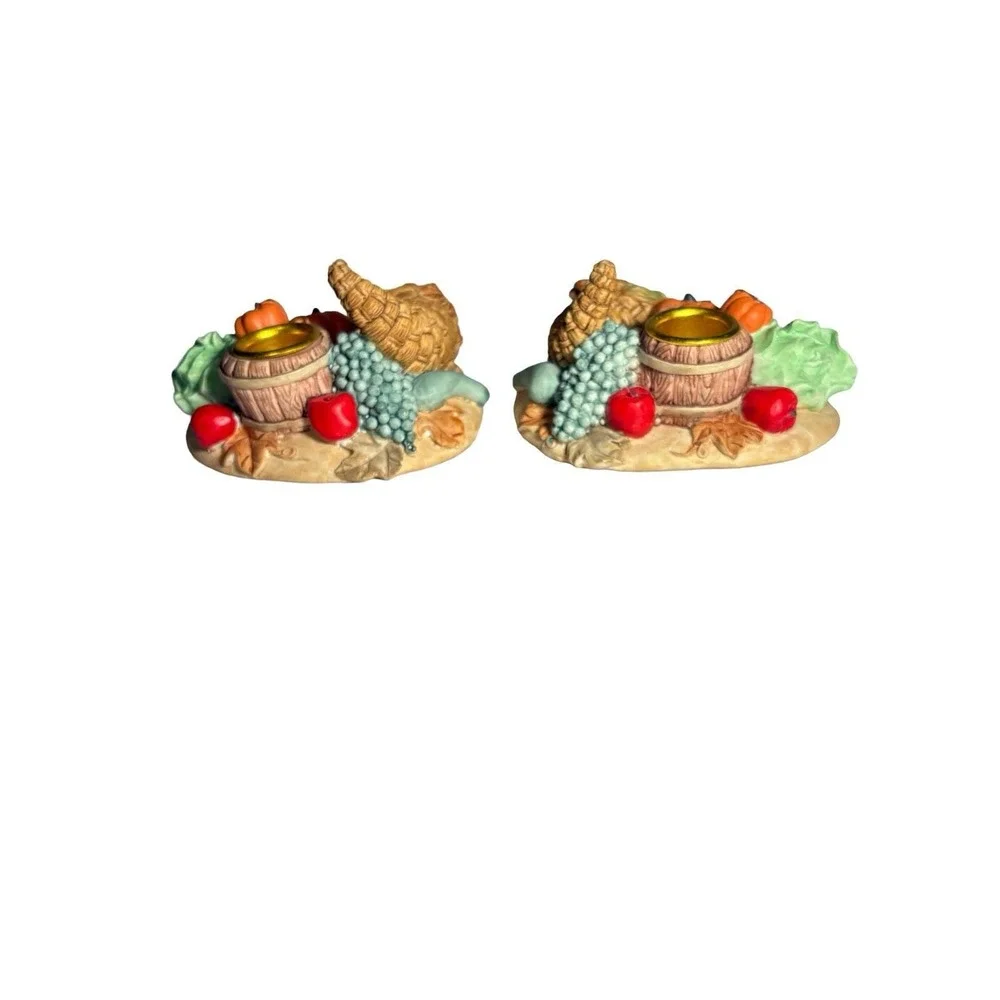 Pair of‎ Stoneware Thanksgiving Cornucopia Tapered Candle Holders